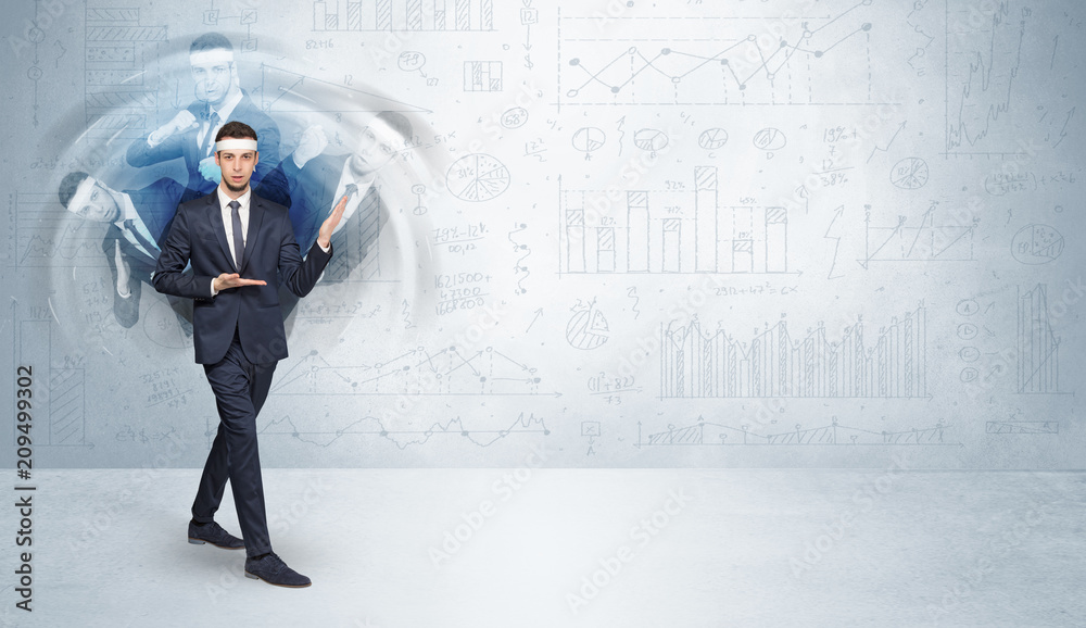 Young businessman in suit fighting with chart and report concept
Young businessman in suit fighting with chart and report concept
