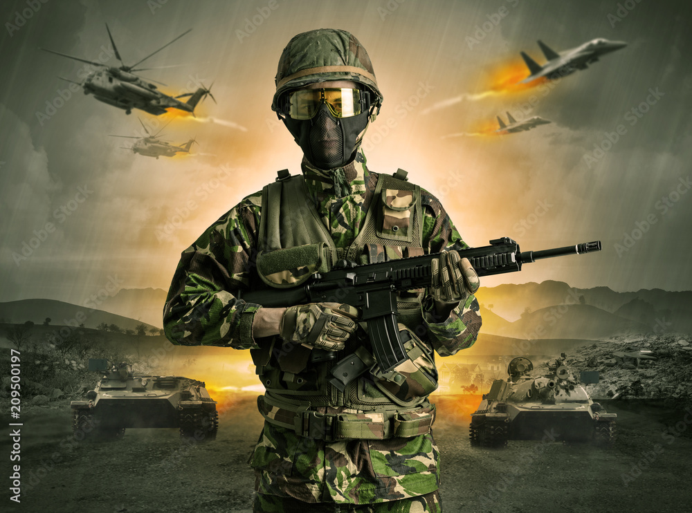 Armed soldier with sniper in the middle of a war
Armed soldier with sniper in the middle of a war