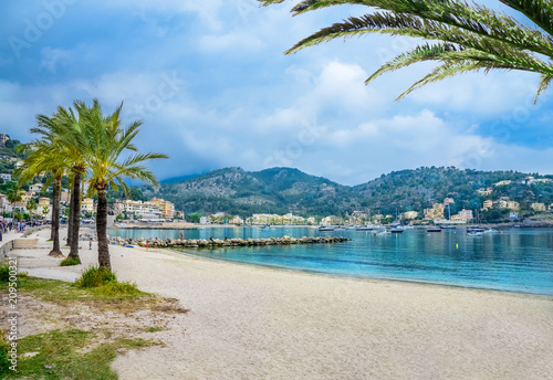 Playa of Port Soller in Mallorca island. Beautiful summer holiday destination of Spain