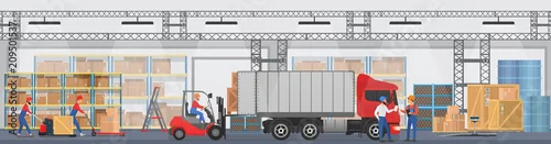 Obraz Vector Wnętrze magazynu z pracownikami układającymi towary na półkach i zanurzającymi pudła w ciężarówce. Magazynowa nowoczesna wewnętrzna ciężarówka z ładunkiem.
