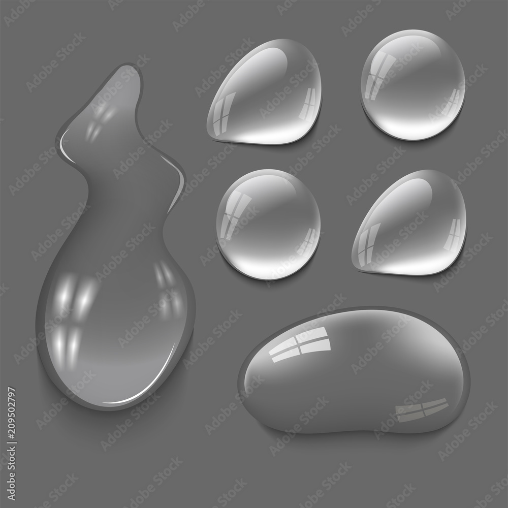 Realistic pure and transparent water drops set vector illustration wet light abstract macro fresh bubble.