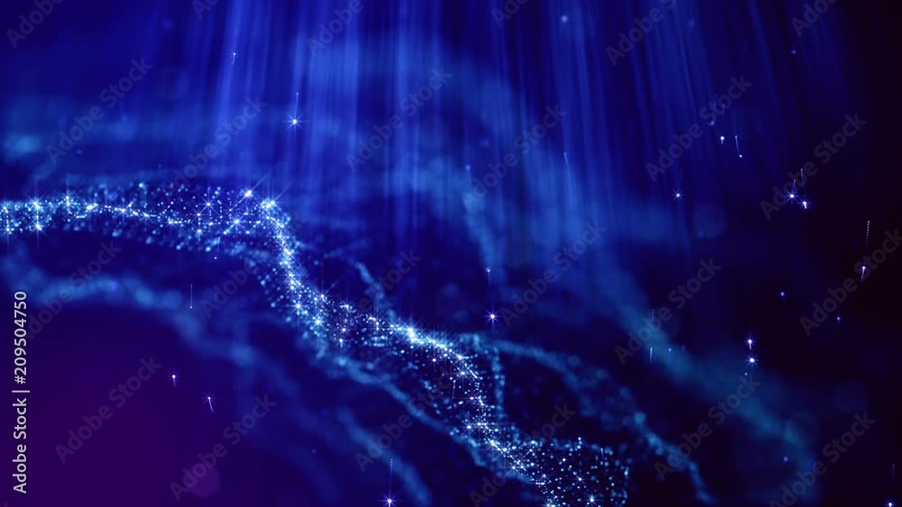 Dark digital abstract background with beautiful glowing particles. 3d render background with particles and depth of field. Loop animation, seamless footage. Blue space 7