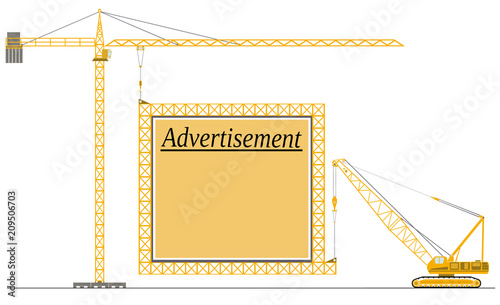 yellow set of tower cranes isolated on white background with advertising spot