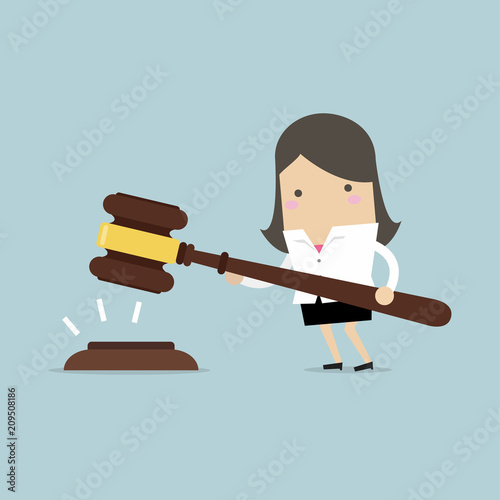 Businesswoman hold a big gavel in hands for justice. vector