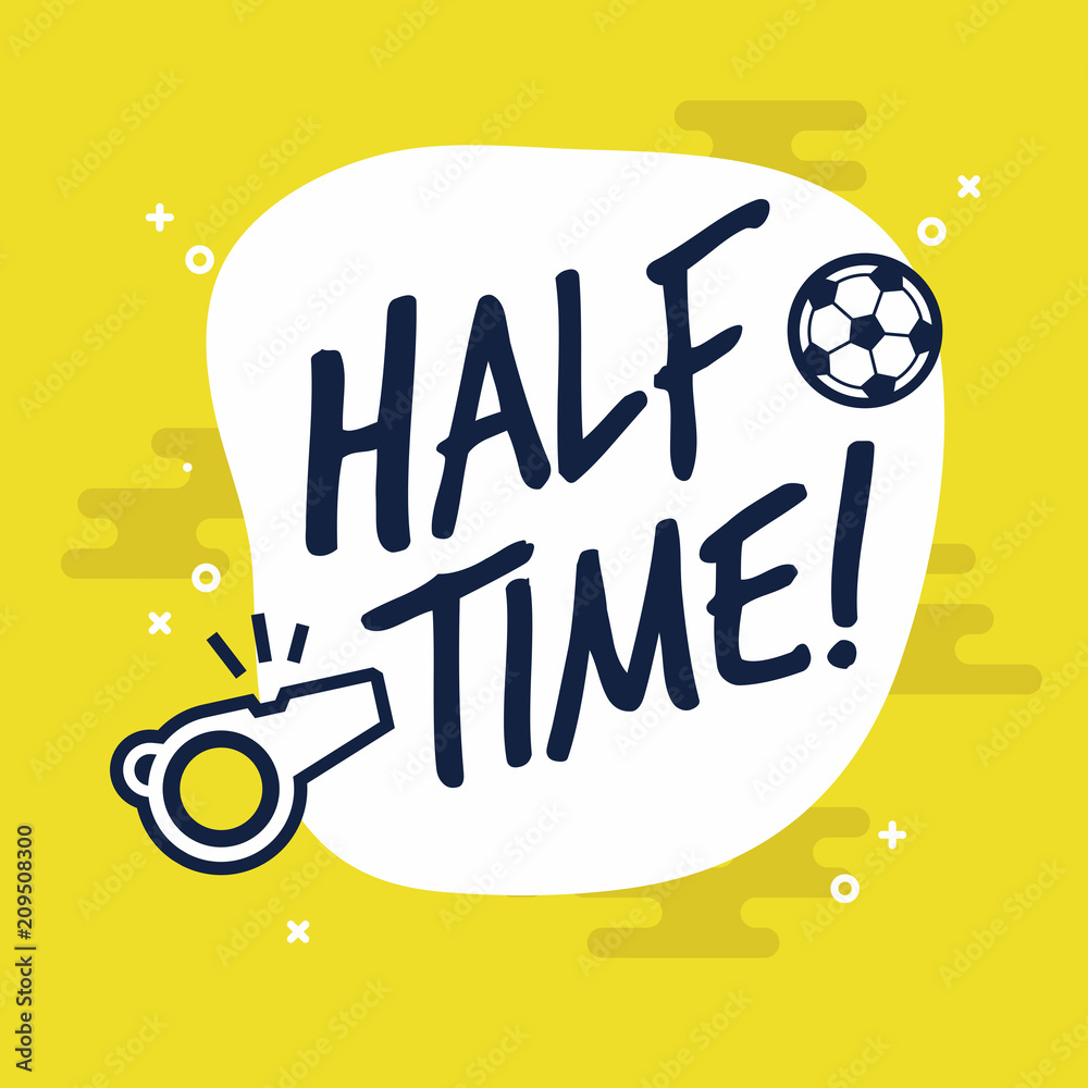 Fototapeta premium Half-time sign for football or soccer game. Flat vector on yellow background.