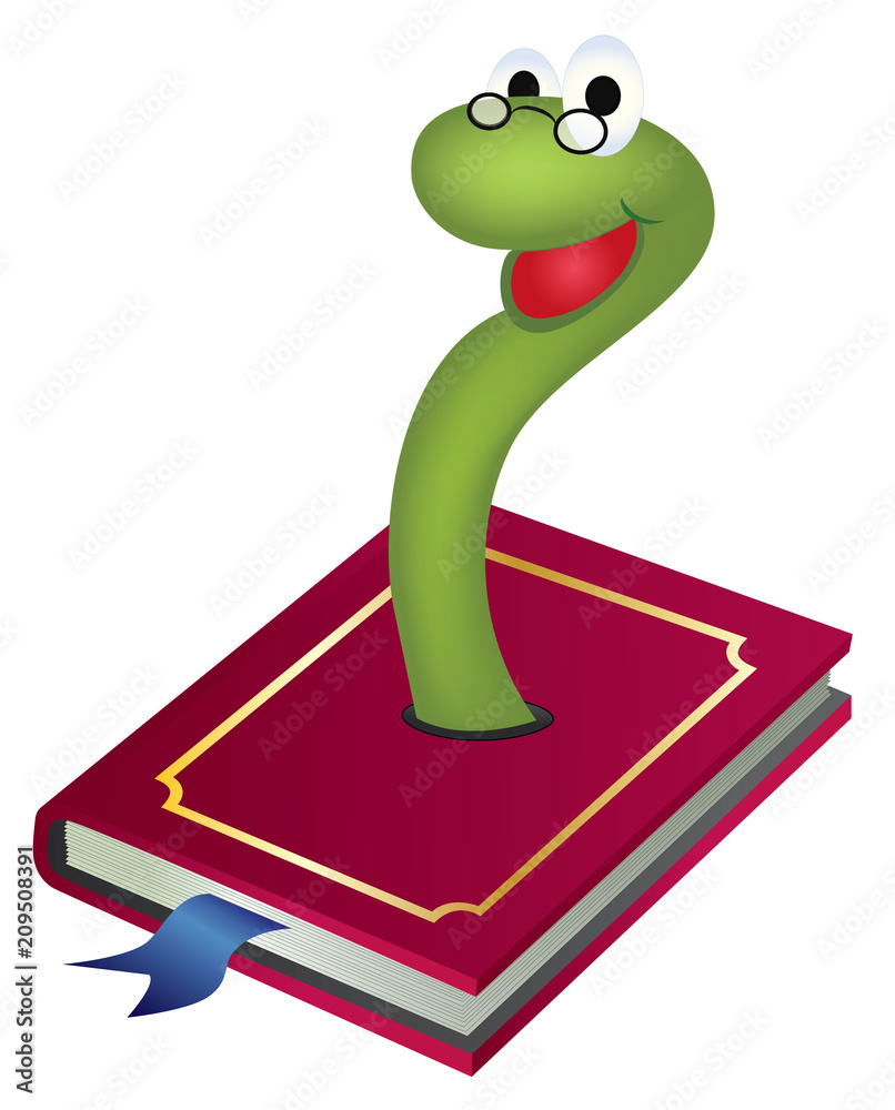Bookworm cartoon character with reading glasses popping out of hardcover  book Stock Vector | Adobe Stock