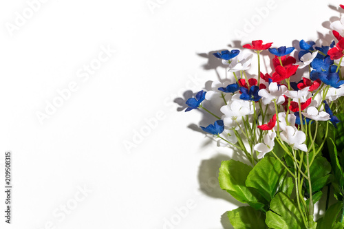 Fototapeta Naklejka Na Ścianę i Meble -  USA holiday flower decorations on a white background flat lay