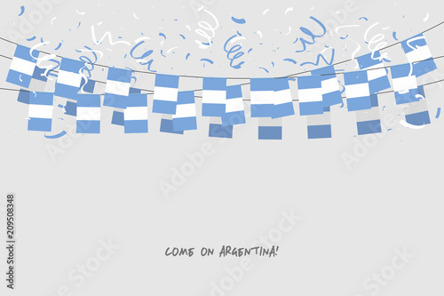 Argentina garland flag with confetti on gray background, Hang bunting for Argentina celebration template banner. vector