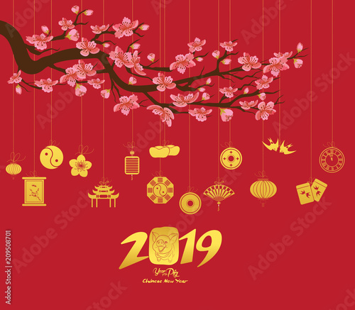 Chinese new year 2019 with lantern. Year of the pig