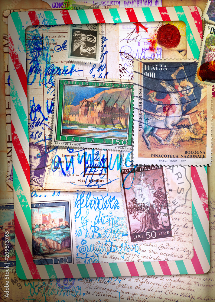 Air mail. Old fashioned postcard with sketches and vintage stamps