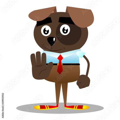 Cartoon illustrated business dog showing deny or refuse hand gesture.
