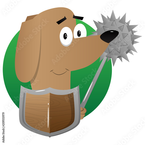 Cartoon illustrated dog holding a spiked mace and shield.