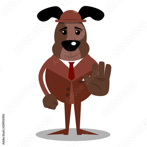 Cartoon illustrated dog showing deny or refuse hand gesture.