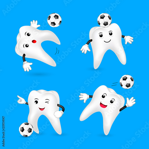 Set of cute cartoon tooth playing soccer ball. Mascot character, sport concept. Illustration isolated on blue background.