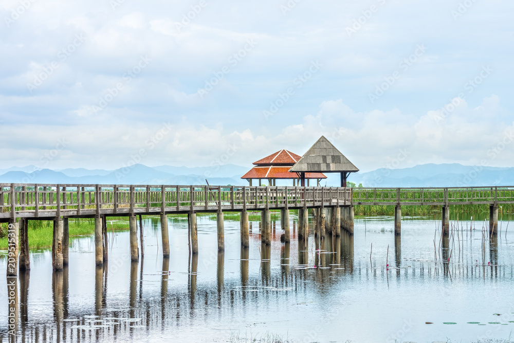 Island pavilions with wooden walkway in freshwater marsh. They are at Bueng Bua Sam Roi Yot National Park, Prachuap Khiri Khan, Thailand, Southeast Asia.