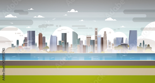 Nature air pollution city landscape plant pipe dirty waste water polluted environment atmosphere flat vector illustration