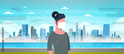 woman in mask over nature air pollution city landscape plant pipe dirty waste water polluted environment atmosphere female portrait flat vector illustration