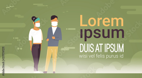 man woman in mask over smog nature air pollution city landscape atmosphere male female over green background full length copy space flat vector illustration