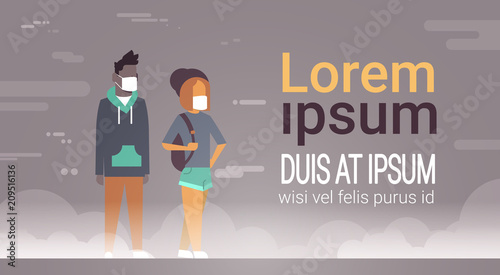 mix race man woman in mask over smog nature air pollution city landscape atmosphere male female over grey background, full length, copy space flat vector illustration