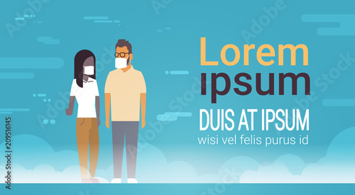 mix race man woman in mask over nature air pollution city landscape atmosphere male female over blue background, full length, copy space flat vector illustration