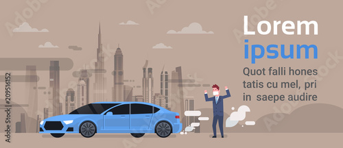 angry man in mask car emissions of exhaust gases carbon dioxide over smog nature pollution city landscape atmosphere over grey background, full length, copy space flat vector illustration