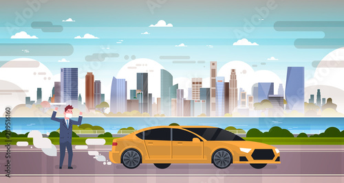 angry man in mask car emissions of exhaust gases carbon dioxide over smog nature pollution city landscape atmosphere, full length, flat vector illustration