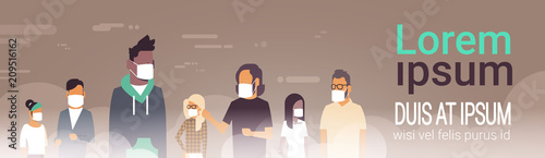 mix race people group in mask over smog nature air pollution city landscape atmosphere male female over grey background portrait copy space banner flat vector illustration