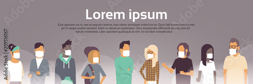 mix race people group in mask over smog nature air pollution city landscape atmosphere male female over grey background portrait copy space banner flat vector illustration