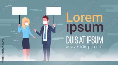 business man woman in mask hold empty white sign board over smog nature air pollution city landscape atmosphere male female full length copy space flat vector illustration