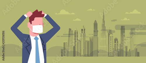 businessman in mask hold head over green background nature air pollution city landscape plant pipe dirty waste water polluted environment atmosphere male portrait banner flat vector illustration