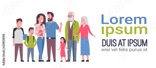 grandparents parents children, multi generation family, full length avatar on white background, happy family together concept, tree of genus flat cartoon copy space vector illustration