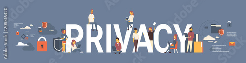 business team over GDPR isometric infographic data privacy background. network protection of personal storage General Data Protection Regulation concept banner copy space vector illustration