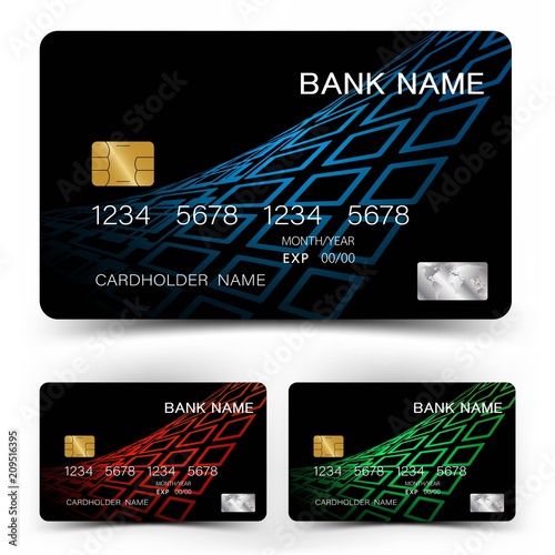 Credit card set . With inspiration from the abstract. Blue red and green color on white background. Vector illustration. Glossy plastic style.