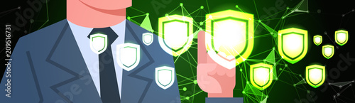 businessman working with virtual shield panel GDPR data privacy background. network protection of personal storage General Data Protection Regulation concept banner vector illustration