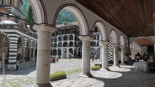 RILA, BULGARIA: The Monastery of Saint Ivan of Rila, better known as the Rila Monastery is the largest and most famous Eastern Orthodox monastery in Bulgaria. general view of the inner courtyard