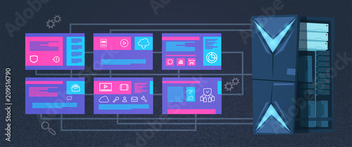 data protection computing center with hosting servers infographic, network and database, internet center, communication support, flat design, banner vector illustration