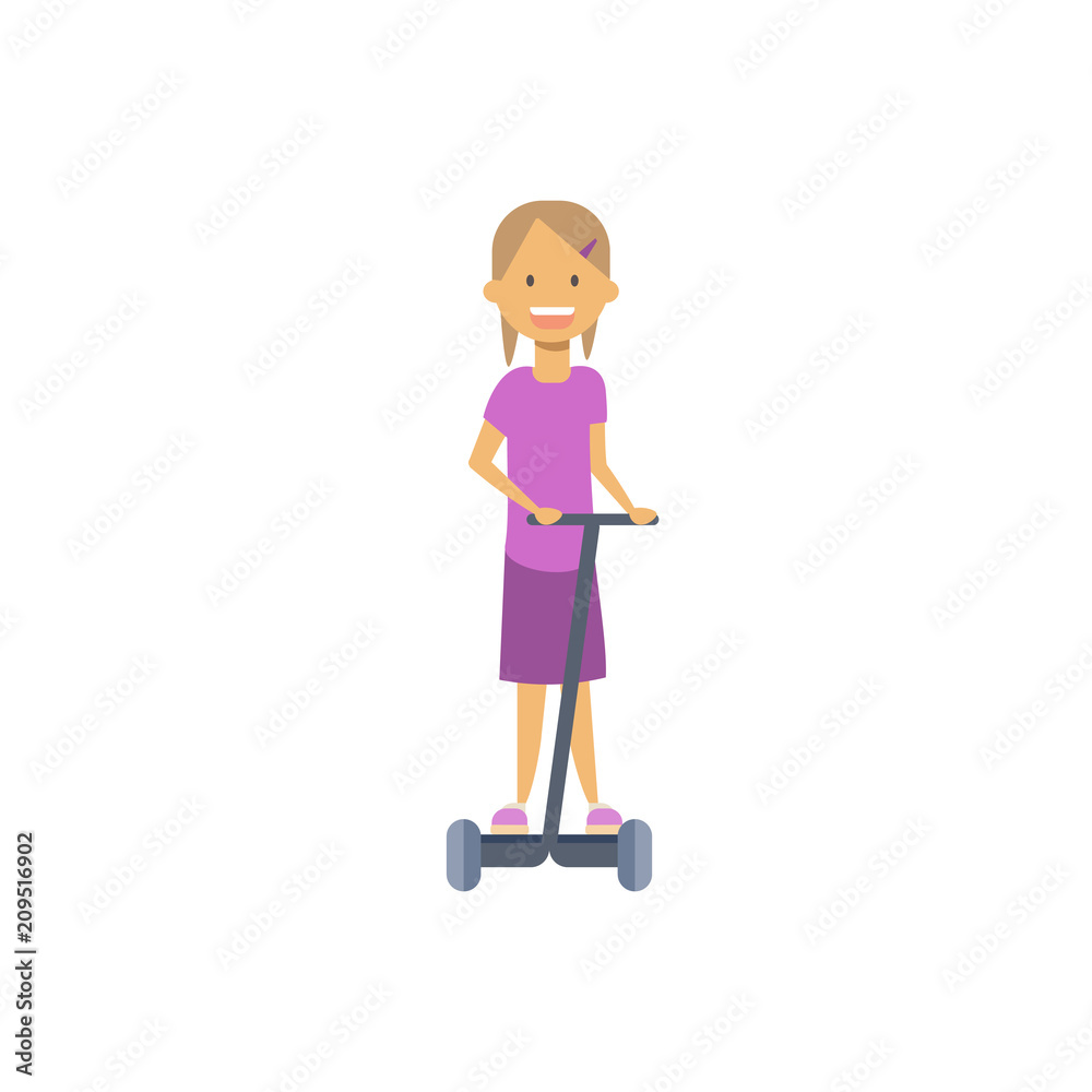 young girl riding kick electro scooter over white background. cartoon full length character. flat style vector illustration young girl riding kick electro scooter over white background. cartoon full length character. flat style vector illustration