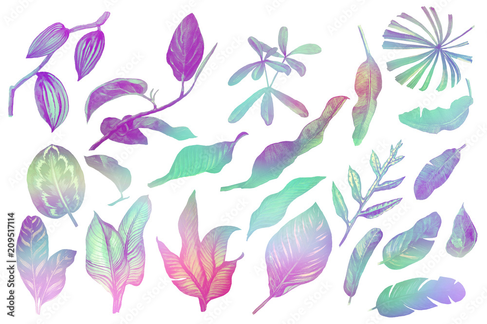 Holographic, neon leaves. Set of palm leaves. Isolated tropical leaves on white background Holographic, neon leaves. Set of palm leaves. Isolated tropical leaves on white background