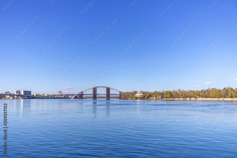View with blue deep river and horizon line