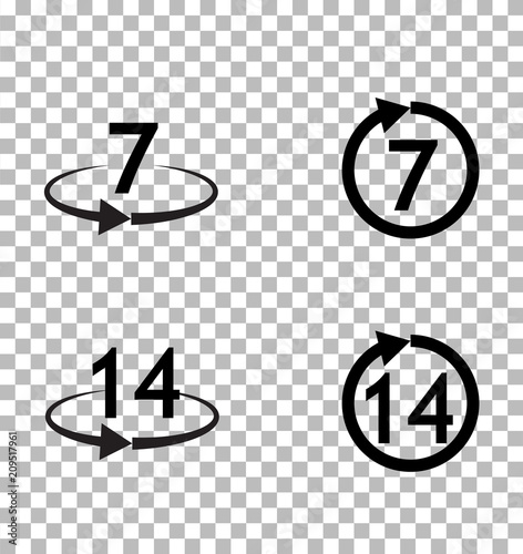 Return of goods within 7 or 14 days sign icon on transparent background. Warranty exchange symbol. Warranty 2 weeks.