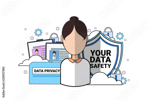 data safety shield support agent woman portrait over synchronization General Data Protection Regulation GDPR server security guard on white background flat vector illustration