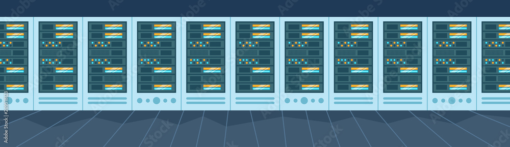 data storage center with hosting servers and staff, computer technology, network and database, internet center, communication support, flat design vector illustration
