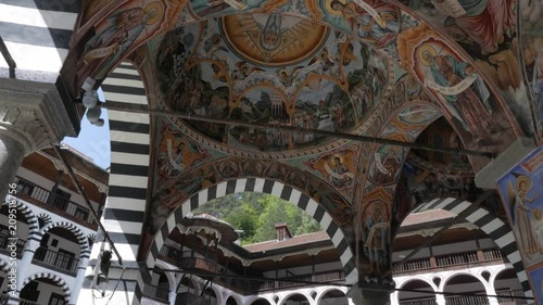 RILA, BULGARIA: The Monastery of Saint Ivan of Rila, better known as the Rila Monastery is the largest and most famous Eastern Orthodox monastery in Bulgaria. general view of the inner courtyard