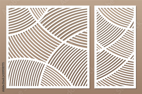 Set decorative card for cutting. Geometric linear pattern. Laser cut panel. Ratio 1:1, 1:2. Vector illustration.
