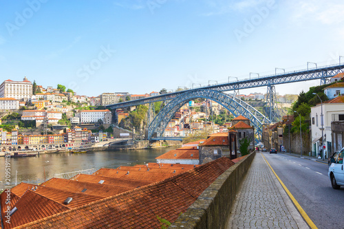 View on Dom Luis I Bridge on Douro river, Porto, Portugal.