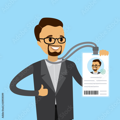 Happy caucasian businessman with badge or id card,