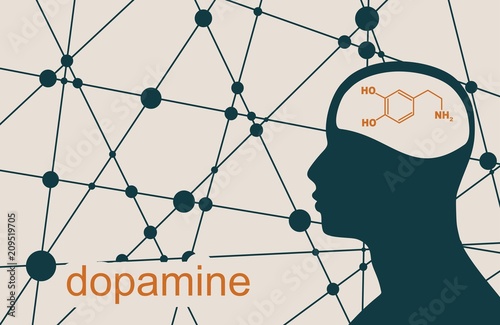 Silhouette of a man head. Mental health relative brochure, report design template. Scientific medical designs. Connected lines with dots. Dopamine hormone formula