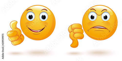 Thumb up and down. Emoticons set demonstrating opposing emotions. Cheerful and sad smiley. Emoji collection showing different gestures. Yes and No. like and dislike. Vector illustration photo