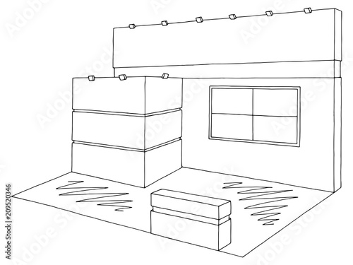 Exhibition stand graphic interior black white sketch illustration vector