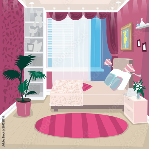 Empty pink children or nursery room for girl. Interior design repair in small bedroom. Expressive cartoon style